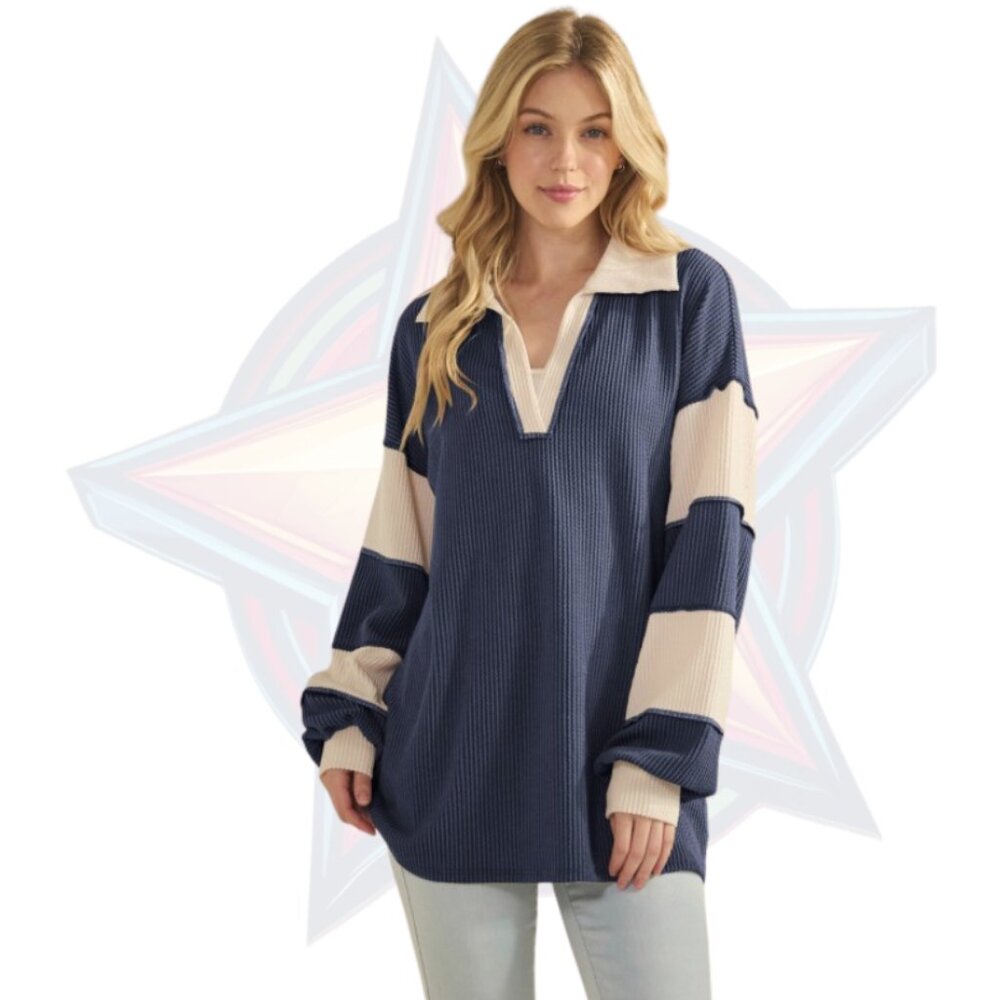 22c HEIMISH Mandarin Collar Stripe Contrast Top in Navy